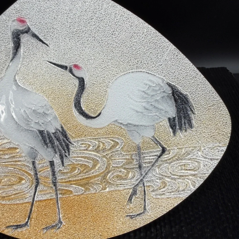 Ando Cloisonne Japanese Enamel Fan Plate Red Crowned‎ Cranes Silver Gold w Stand